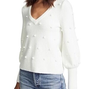 Madewell Women's Sweater Long Sleeve Pom Pom Sleeve Soft Off White Cream‎ Small